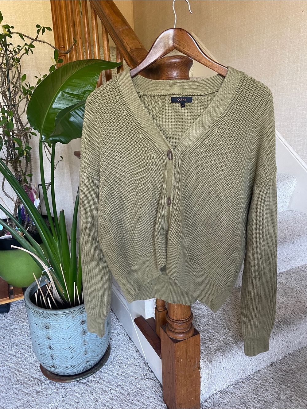 Quince Olive Green Chunky Cotton V-Neck Knit Cardigan Sweater